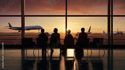 People sitting in airport chairs airplane in view through window