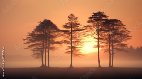 Misty autumn sunset with trees