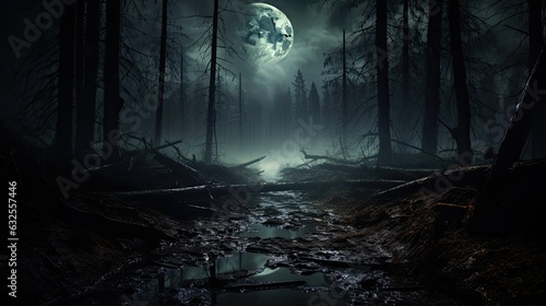 Tableau sur toile Mysterious forest with a moonlit path fog and a Halloween backdrop hint