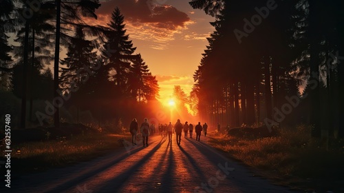 People are leaving the forest at sunset with a road and lovely light in the background © HN Works