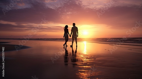 Couple walking on beach silhouette