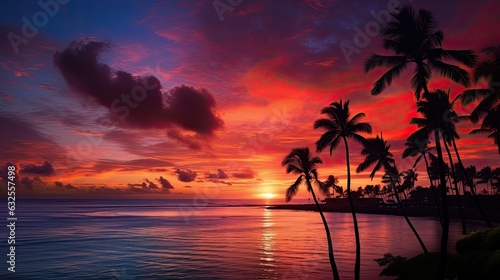 Colorful dramatic sunset sky over Waikiki with palm tree silhouettes ocean foreground