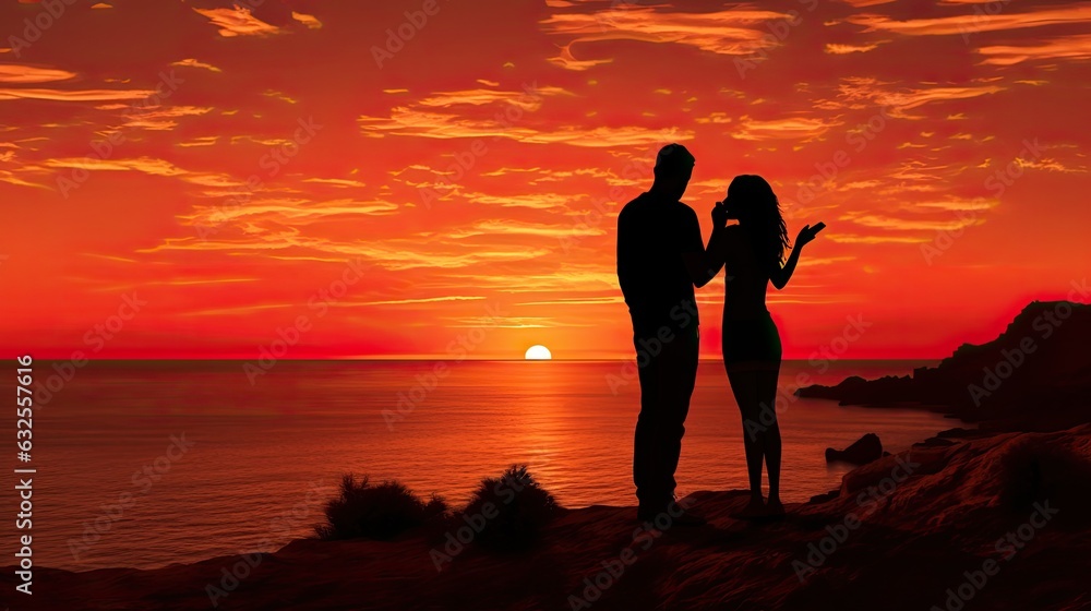 Fototapeta premium Unforgettable romantic moment as a non recognizable couple takes a selfie with a smartphone at a famous sunset point in Sardinia Italy