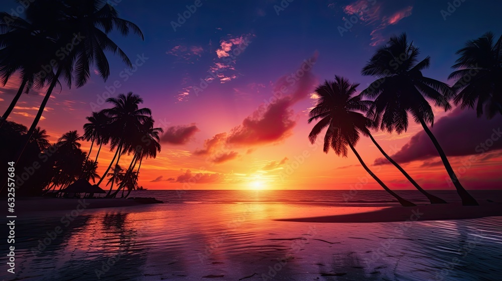 Tropical beach adorned by palm tree silhouettes during a magical sunset