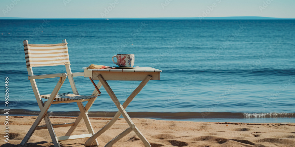 Decorative Table With A Chair On The Background Of The Sea Created Using Artificial Intelligence