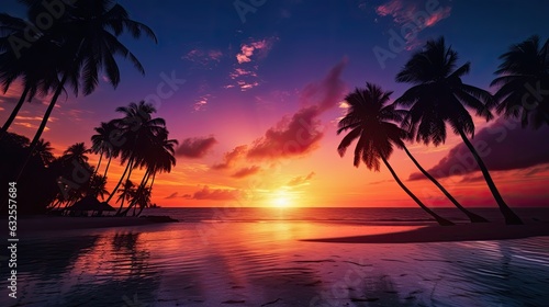 Tropical beach adorned by palm tree silhouettes during a magical sunset © HN Works