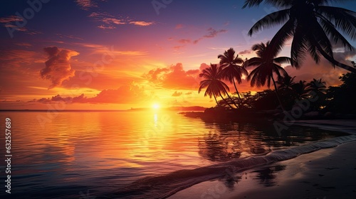 Tropical paradise at dusk with palm trees and ocean