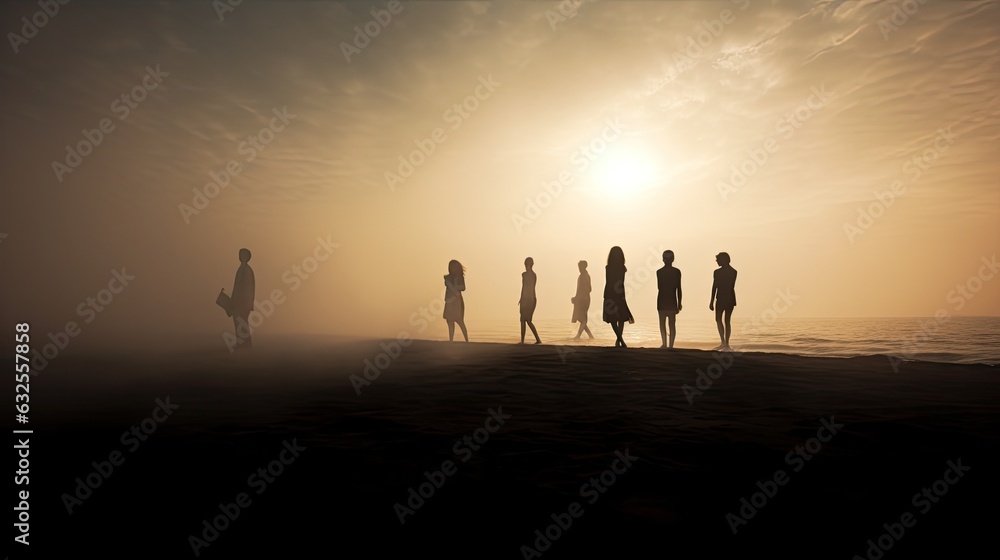 Fototapeta premium Silhouetted individuals on the beach during summer fog