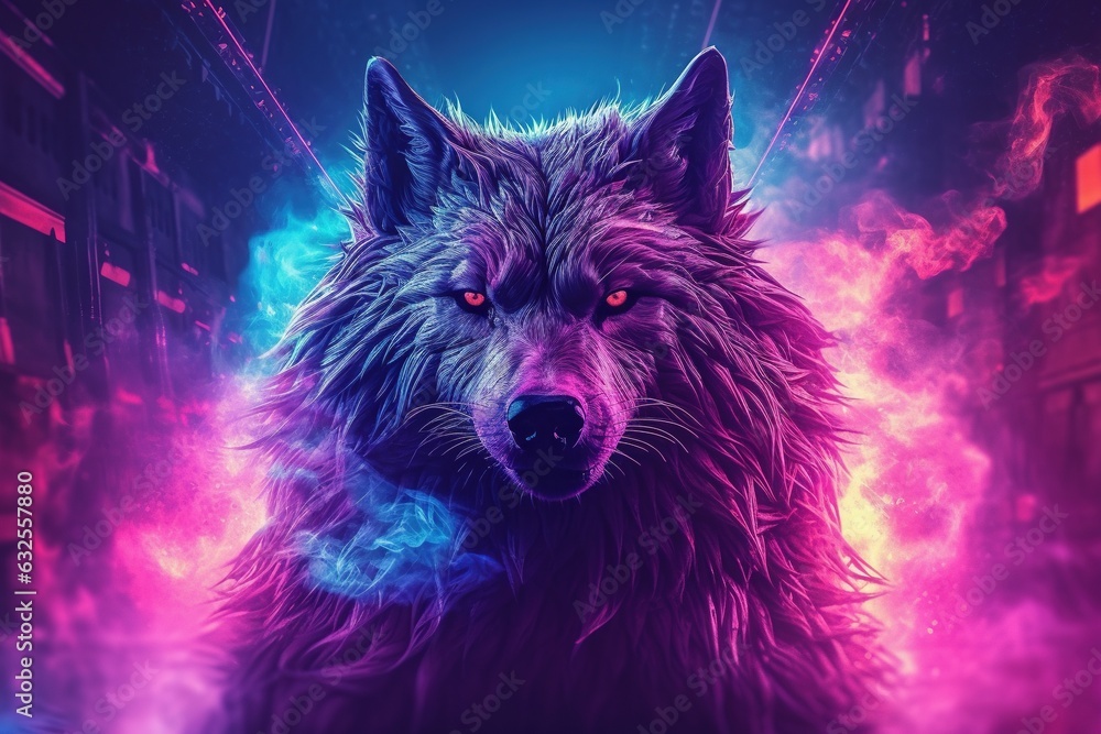 Fototapeta lone wolf with neon smoke around