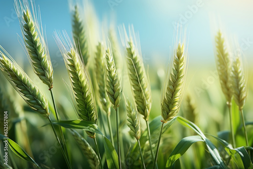Closeup of green wheat shining in the sunlight. Agricultural concept.