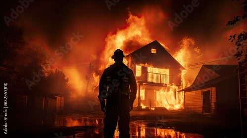 Silhouetted firefighter attempts to put out burning house