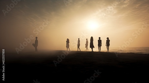 Silhouetted individuals on the beach during summer fog