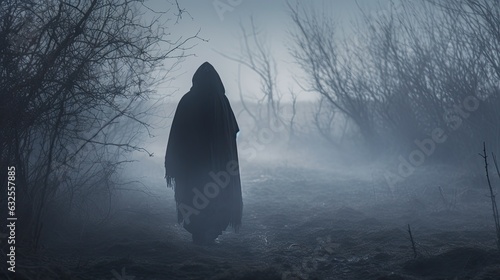 A figure with a hood facing away from the camera peering through mist on a cold countryside winter day