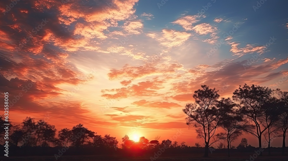 Rural Thailand s evening backdrop features a stunning sunset sky tree silhouette Rural Thailand s evening backdrop features a stunning sunset sky tree silhouette