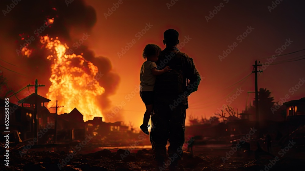 Fototapeta premium Soldier rescues boy from war torn city