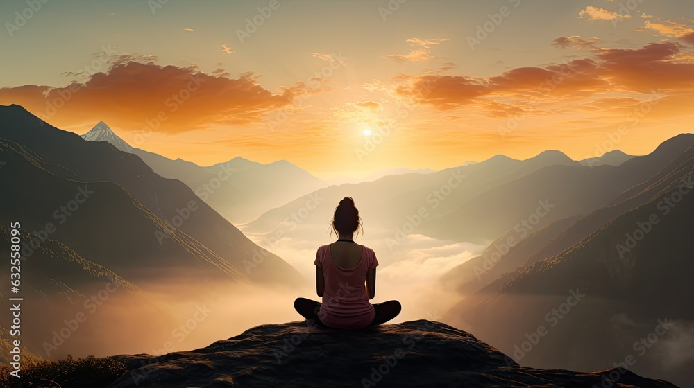 Woman meditating in side balance yoga position on the top of a mountains above clouds at sunset Zen meditation peace