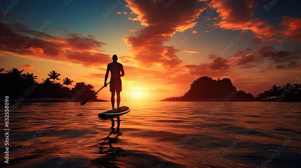 Male paddle boarder silhouette at sunset on shore Male paddle boarder silhouette at sunset on shore