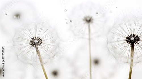 Silhouetted dandelion in macro with water droplets on white background