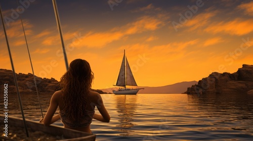 Atmospheric sunset in Sicily with a woman bathing and a sailing boat
