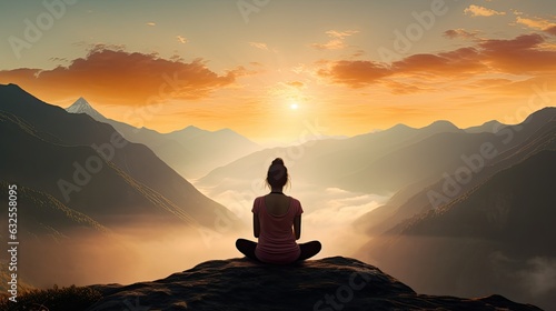 Woman meditating in side balance yoga position on the top of a mountains above clouds at sunset Zen meditation peace