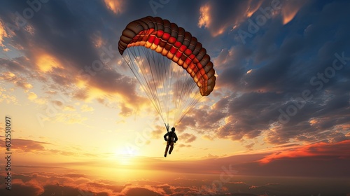 A solitary parachuter gracefully glides through the vibrant sky outlined by the setting sun