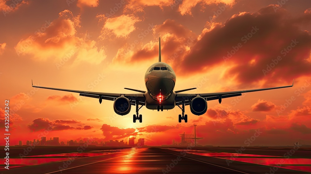 Plane taking off and landing at sunset with cloudy sky Plane taking off and landing at sunset with cloudy sky