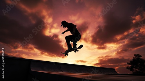 Skatepark silhouette of a jumping skateboarder