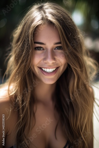 a gorgeous young woman wearing a bikini smiling at the camera