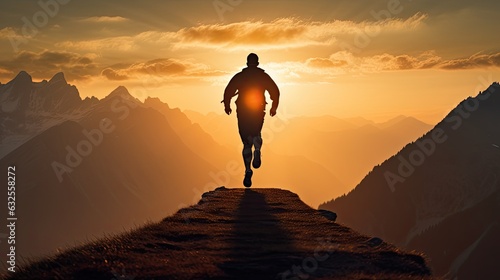 Plakat Man doing sunset exercise on mountain silhouette