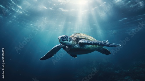 Silhouette of sea turtle gazing upwards from ocean