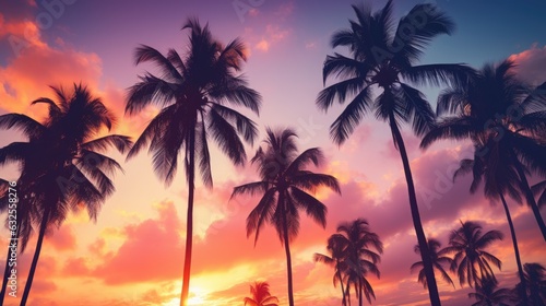Vintage tone and bokeh lights enhance the sunset vacation scene with palm trees
