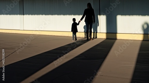 Silhouette of mother and child holding hands on the sidewalk