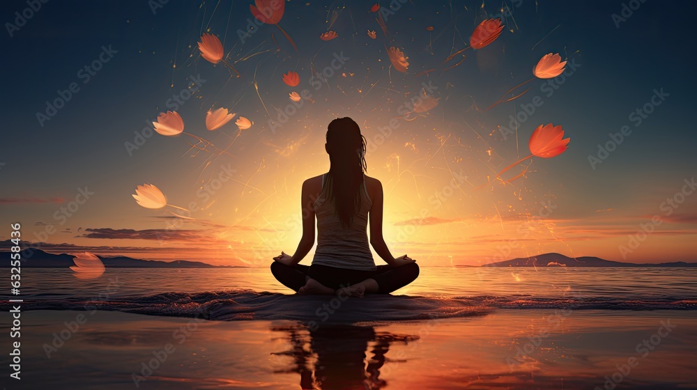 Beautiful girl in a lotus position on a beach at sunrise