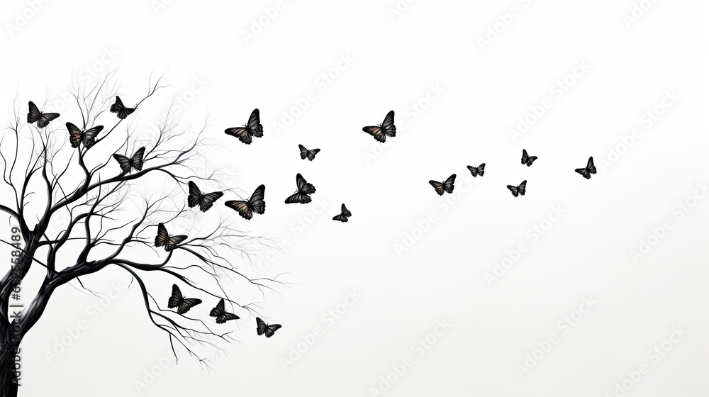 Obraz premium Butterflies and leafless tree on white background