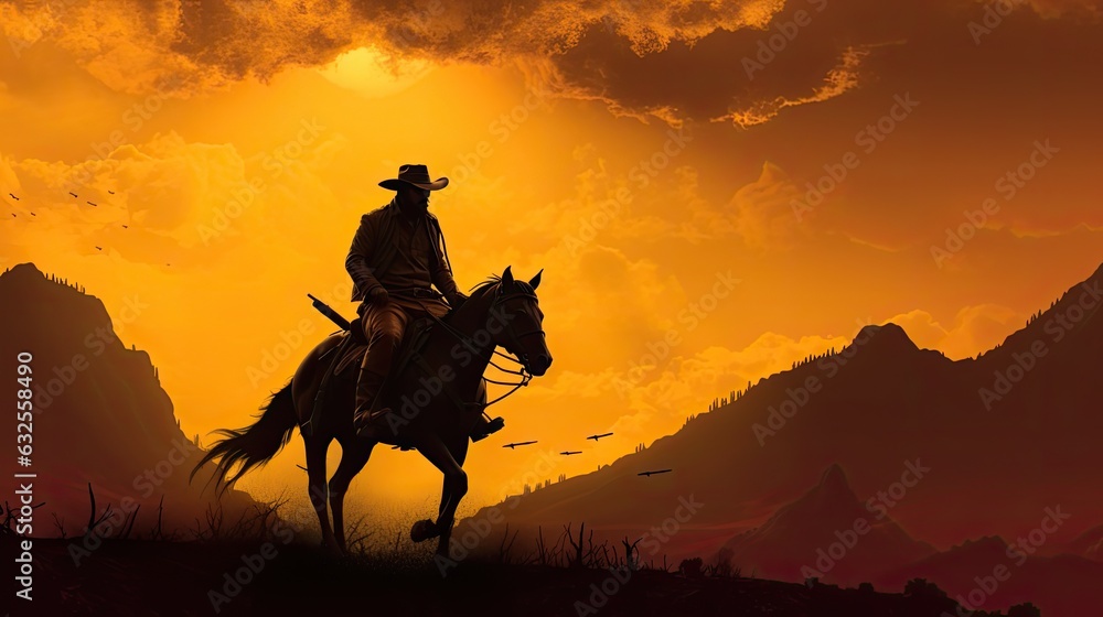 Yellow sky behind a cowboy on a mountain in silhouette