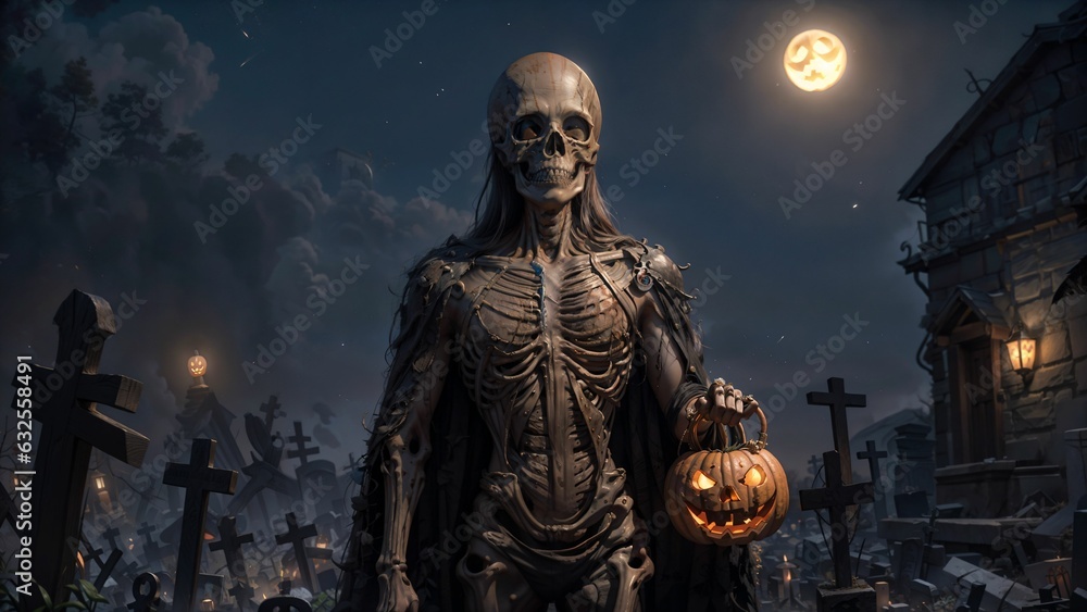 Exploring Symbols of Death and Ritualistic Ambiance Among Skeletons, Jack-o'-Lanterns, and Nighttime Mysteries in the Halloween Cemetery ai generated