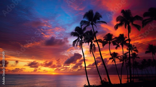 Colorful dramatic sunset sky over Waikiki with palm tree silhouettes ocean foreground