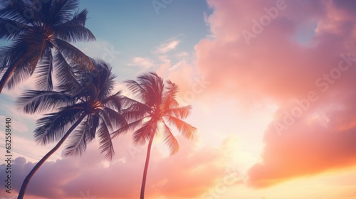 Silhouette palm tree against sunset sky with abstract background Travel adventure concept Filtered pastel tones © HN Works