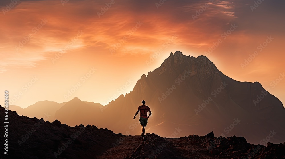 Hiker silhouette sprinting in Ras Al Khaimah mountain