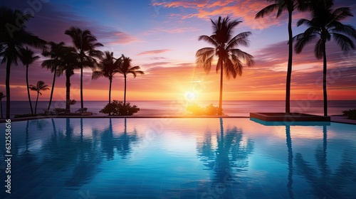 Picturesque tropical beachfront resort with an infinity pool overlooking a stunning sunset surrounded by palm trees