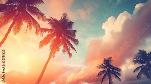 Silhouette palm tree against sunset sky with abstract background Travel adventure concept Filtered pastel tones