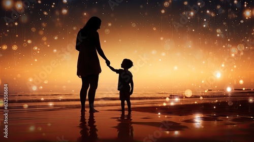 Mother and child enjoying summer vacation on a beach with blurred abstract background and bokeh lights
