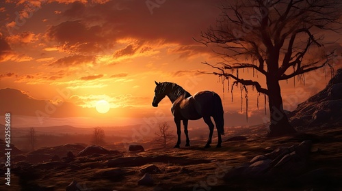 Sunrise with horse in the landscape