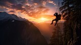 Adventure concept captured in a composite image of silhouette rappelling from a cliff at colorful sunrise or sunset showcasing stunning mountains in British Columbia Canada