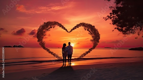 Young couple on their wedding day on a tropical beach with a sunset sea backdrop creating a heart shape with their hands