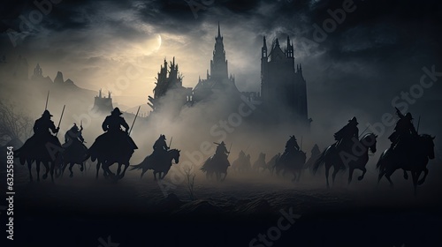 Fotografija Dark medieval battle scene with silhouetted cavalry and infantry warriors fighti
