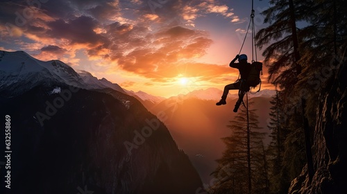 Adventure concept captured in a composite image of silhouette rappelling from a cliff at colorful sunrise or sunset showcasing stunning mountains in British Columbia Canada © HN Works