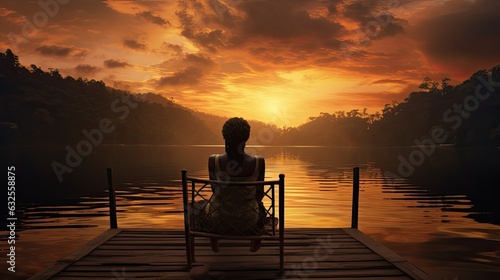 Woman sitting on dock at sunset on Lake Bunyonyi Uganda Africa in a tranquil scene