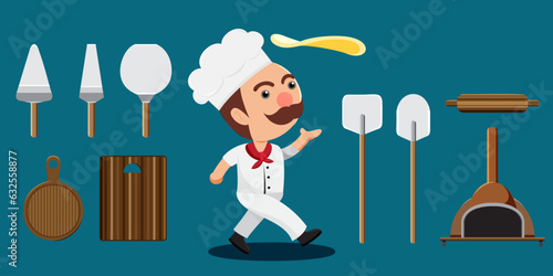 Young mustache chef with kitchen tools in cartoon style vector