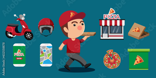Set of delivery with pizza or fastfood in cartoon style
